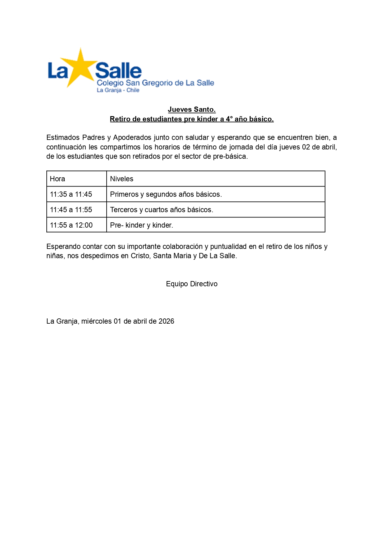 Comunicado Retiro Estudiantes